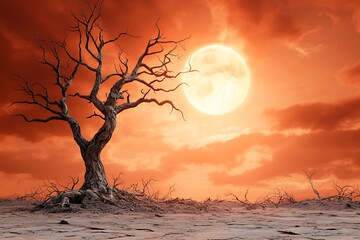 Fototapeta premium Barren Tree Silhouetted Against Dramatic Orange Sky and Full Moon at Dusk