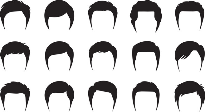 Assortment of Fifteen Stylized Silhouettes Featuring Various Men's Hairstyles Isolated on a White Background