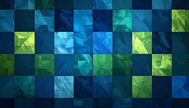 Abstract mosaic with geometric forms in varied shades of blue and green