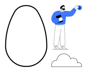 Man holding notebook and dollar coin near large egg outline and cloud symbolizing growth, ideas, or savings. Ideal for finance, strategy, investment, innovation, future, creativity simple flat