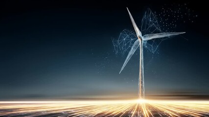Digital wind turbine against a dark gradient, illuminated pathways below and connecting lines - Powered by Adobe