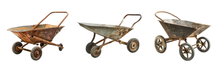 Different views of wellworn rusted two wheeled wheelbarrows