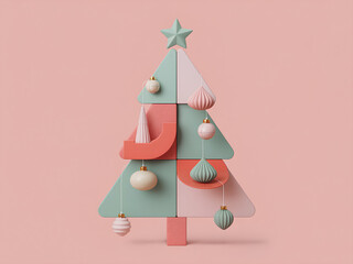 Pastel Christmas tree modular blocks geometric decor minimalist holiday modern design mint green coral pink matte texture hanging ornaments festive mood. Playful abstract tree made from modular