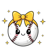 Adorable Baseball with a Yellow Bow and Sparkling Stars A Cute and Playful Sports Illustration