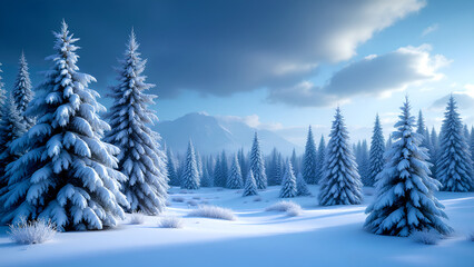 Snowy forest evergreen tree winter landscape alpine mountain blue sky morning light fresh snow calm scene cold weather tranquil nature. Snowy forest evergreen tree winter landscape alpine mountain