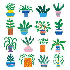 Hand Drawn Potted Plant Vector Set, Colorful Indoor Houseplant Illustration Collection