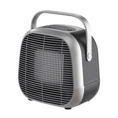 Portable electric fan heater with silver trim and handle isolated on a transparent background