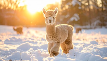 Baby Alpaca in a Snowy Field at Golden Hour