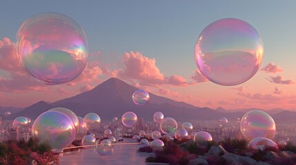 Giant iridescent bubbles floating over landscape, Surreal mountain scene with vaporwave aesthetic, Fantasy bubbles reflecting pink sunset sky