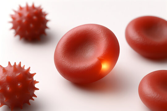 Photorealistic medical illustration of thalassemia, red blood cells with hypochromic microcytic appearance and target cells, peripheral smear look with high-fidelity textures, no text or logos 