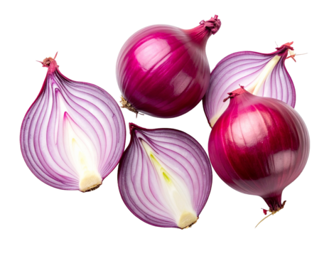 Whole and half red onions with shiny purple skin, isolated on a transparent background.