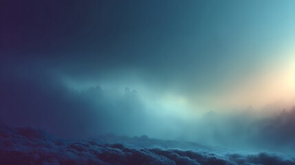 Fototapeta premium Ethereal fog over dark landscape, Mysterious mist blue sky light, Dreamlike cloudscape abstract horizon