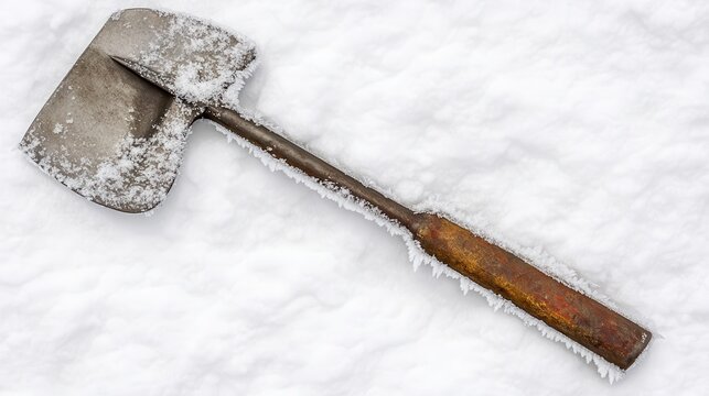 Icicle Encrusted Entrenching Tool Resting in Winter Snow