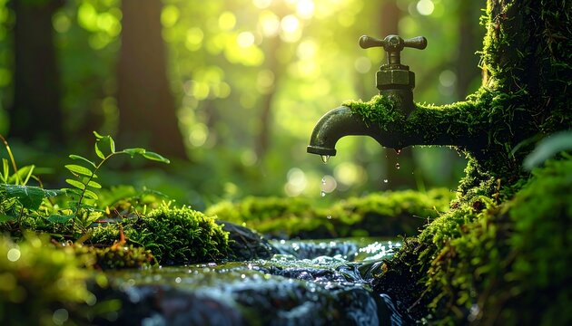 A metallic faucet, encrusted with moss, drips water into a stream within a lush forest, sunlight filtering through the leaves