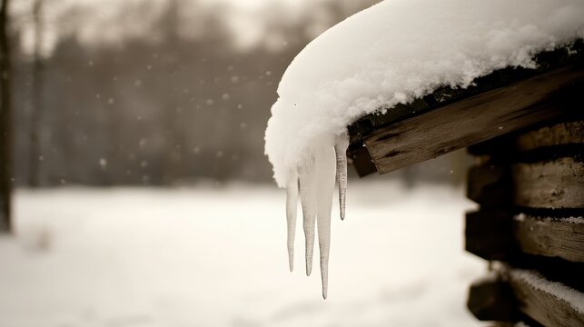 Icicles dripping from the roof covered in fresh winter snow