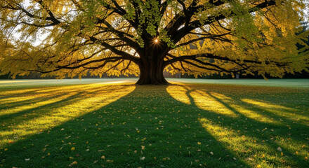 Fototapeta premium Sunlight penetrates golden ginkgo leaves