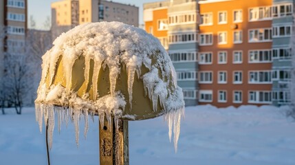Icicles forming on an old metal street lamp post in winter