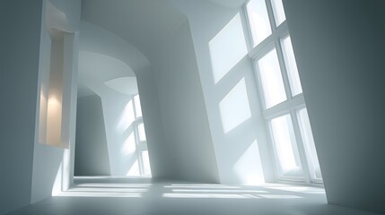 Obraz premium Modern abstract interior with white walls, Sunlight streaming through contemporary windows, Minimalist architectural space with bright light
