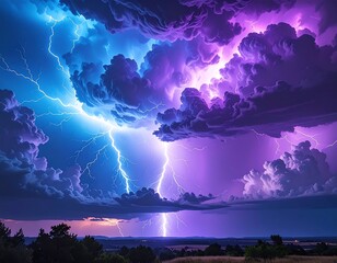 Dramatic sky with colorful lightning illuminating storm clouds