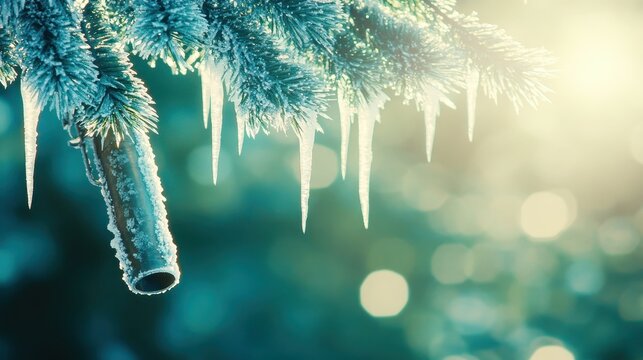 Icicles hanging from a frosty branch in winter sunlight