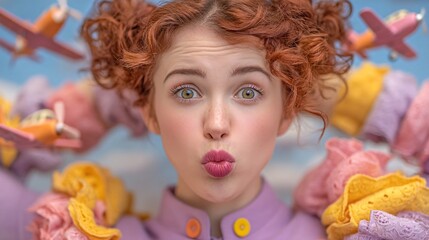 Playful Redhead with Curly Hair Surrounded by Colorful Airplanes