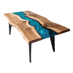 Live edge wood table with blue epoxy river inlay and black legs resin