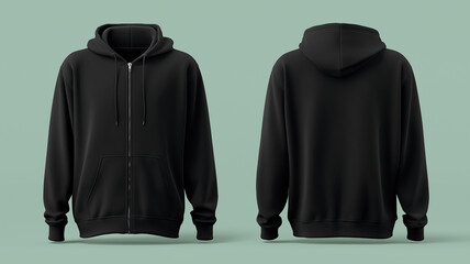 Plain black zip up hoodie mockup with front and back views on light green background, showcasing design simplicity and casual style. Ideal for fashion presentations or branding