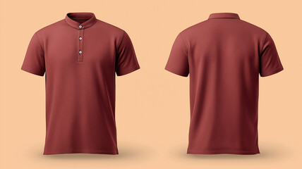 Plain burgundy mandarin collar polo shirt with front and back view, showcasing short sleeves and buttoned placket on neutral background