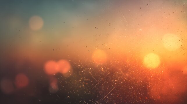 Abstract warm vibrant sunset bokeh background, Dreamy blurry light leak lens flare overlay, Scratched grunge surface colorful gradient