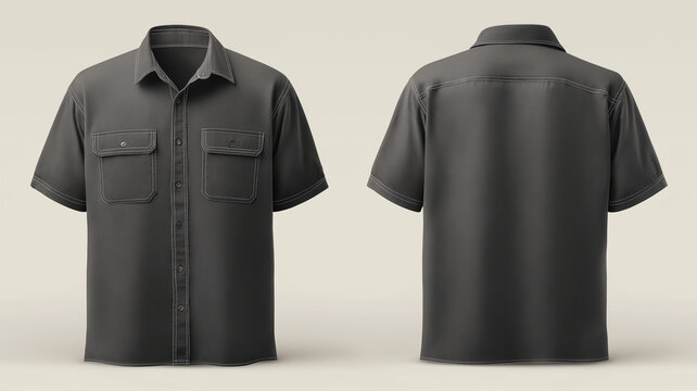 Front and back view of plain charcoal mechanic work shirt with short sleeves and button up design, featuring two chest pockets. shirt has simple and functional style
