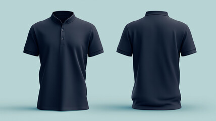 Front and back view of plain navy mandarin collar polo shirt on light background, showcasing its simple and elegant design. shirt features short sleeves and buttoned placket