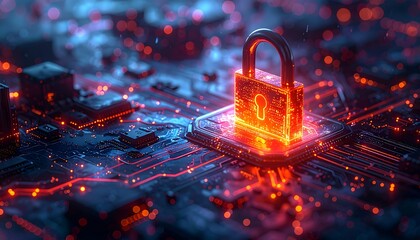 Glowing padlock on circuit board, representing digital security