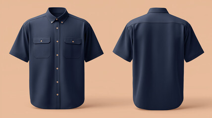 Front and back view of plain navy mechanic work shirt mockup, featuring short sleeves and buttoned pockets, displayed on neutral background
