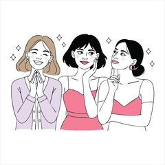 Three women with pink and purple clothing sparkling with joy and contemplation female
