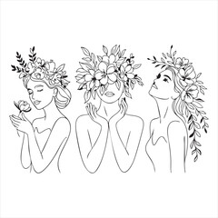 Three women with floral crowns and foliage line art illustration female