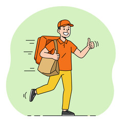 A happy delivery man in an orange uniform is running with a large bag and giving a thumbs-up gesture.