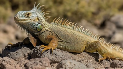 Fototapeta premium Iguana basking in sunlight on a rocky surface