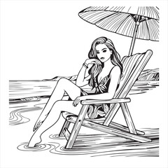 Woman relaxing on beach chair under umbrella near ocean waves line art vector