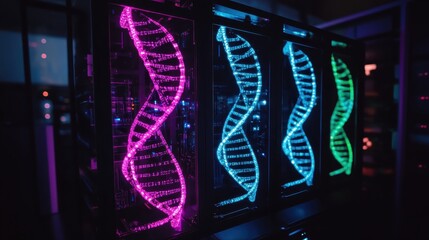 Illuminated DNA strands inside a high tech sequencer machine
