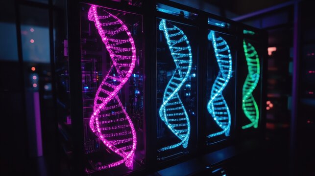 Illuminated DNA strands inside a high tech sequencer machine