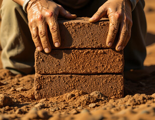 Hands placing handmade clay brick on sandy ground showing textured surface and warm light, hardworking feeling