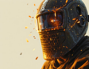Armored futuristic helmet with glowing embers and scratched metal visor, dramatic close up portrait with warm light