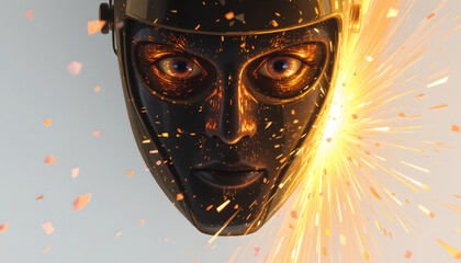 Glowing metallic mask with fiery sparks and dramatic light burst, intense gaze and abstract industrial texture