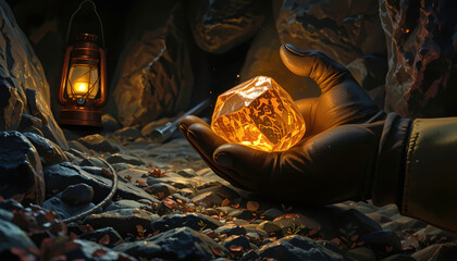 Gloved hand holding glowing raw amber gemstone in rocky cave illuminated by lantern, mystical and warm