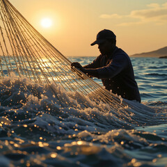 Fisherman mending fishing net at sunrise in shallow sea, warm light and focused work emotion