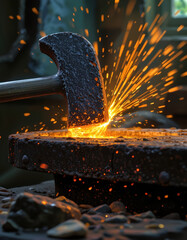 Hammer striking glowing metal on anvil with orange sparks flying, dramatic industrial blacksmith action and heat