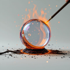 Glass sphere on flame being shaped by torch, molten glass bubble with glowing orange fire and scattered debris