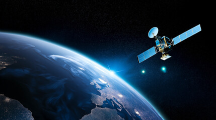 지구궤도를 돌고 있는 통신 위성, 초현실적 일러스트-A communications satellite orbiting the Earth, a surreal illustration