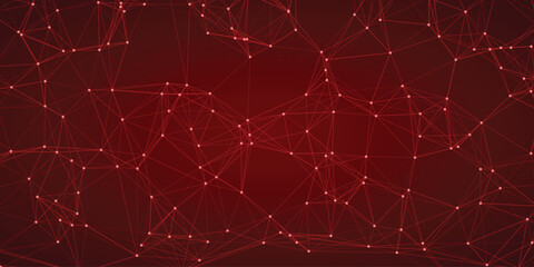 Abstract red network of interconnected nodes and lines forming a complex digital mesh on a dark gradient background representing technology and data connections