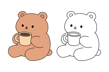 Cute bear drinking hot chocolate coloring page for kids